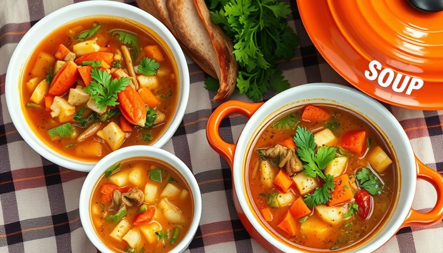 Delicious veggie-packed soup served in rustic bowls and pot.