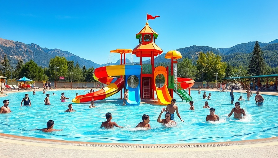 Public pool in Colorado Springs with kids playing and vibrant slides.