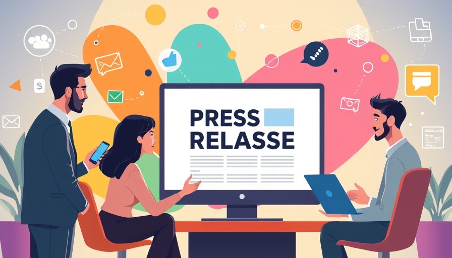 Animated scene of professionals on a press release platform for Local News Publishing.
