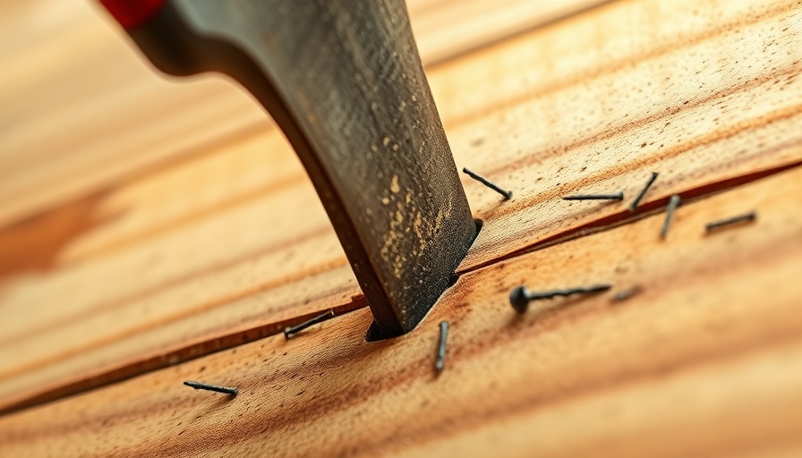 Close-up of hammer nailing wood in house flipping project, construction focus.