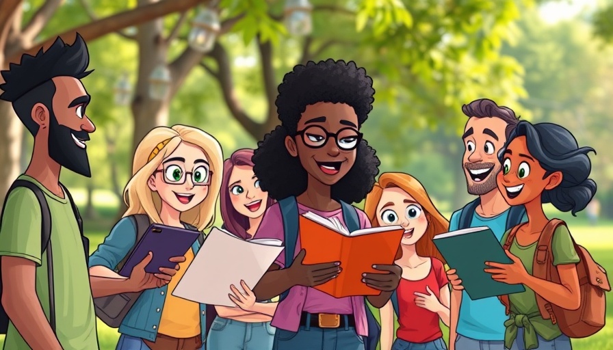 Cartoon group discussing local news sharing in a colorful setting.
