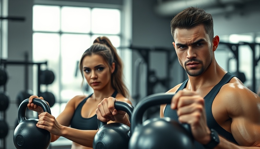 Focused strength training with kettlebells in gym environment.