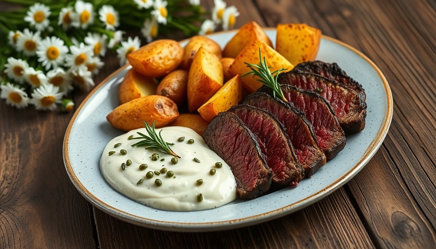 Bison steaks with caper-lemon buffalo yogurt sauce and potatoes on a rustic table.