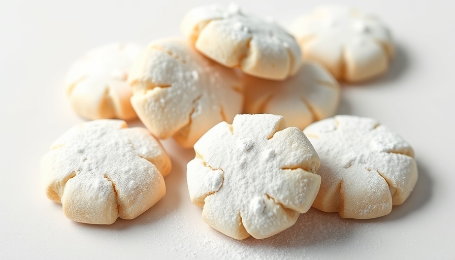 Homemade cookies dusted with powdered sugar on a white background.