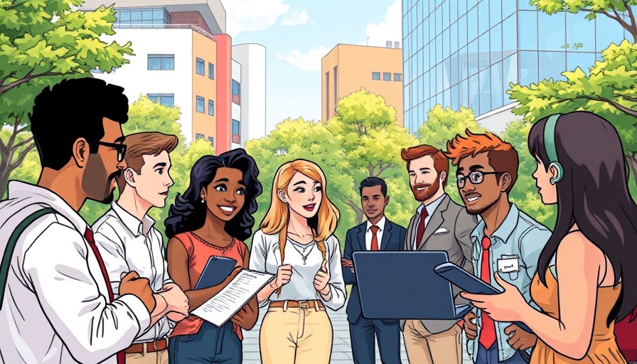 Cartoon illustration of diverse group discussing media sharing for a press release service.