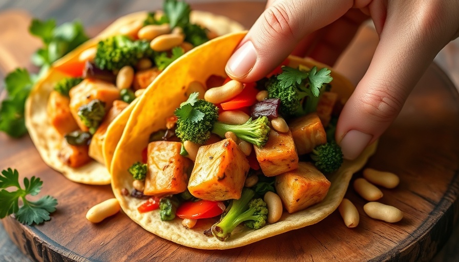 Colorful kung pao salmon tacos with peanuts and broccoli