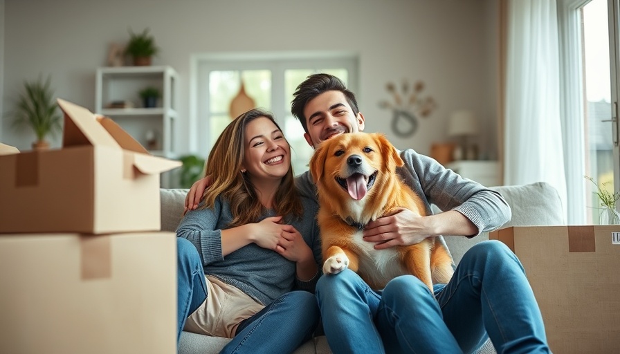 Joyful couple with dog relaxing in a cozy living room.