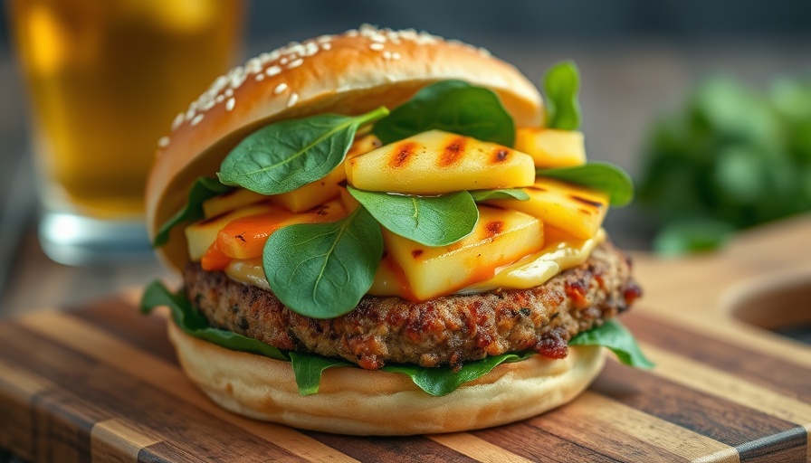 Jerk turkey burger with pineapple sauce on a wooden board.