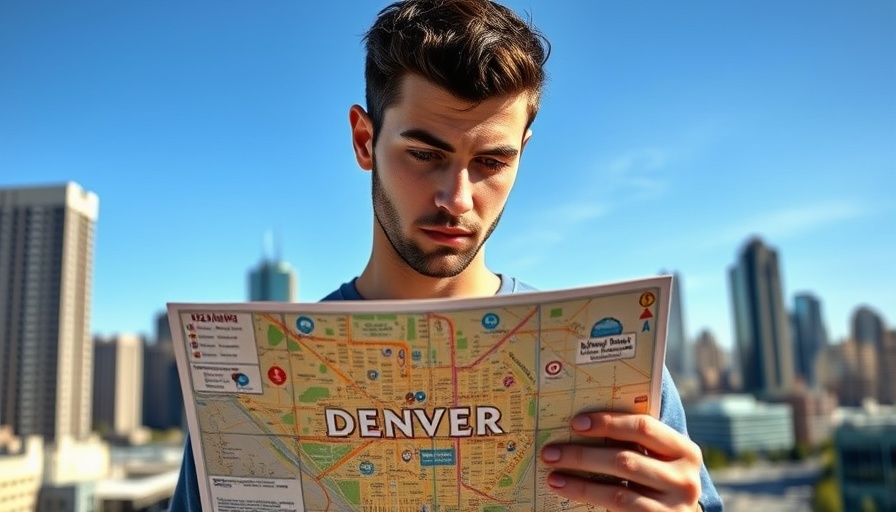 Man considering places on a map of Denver with urban background.