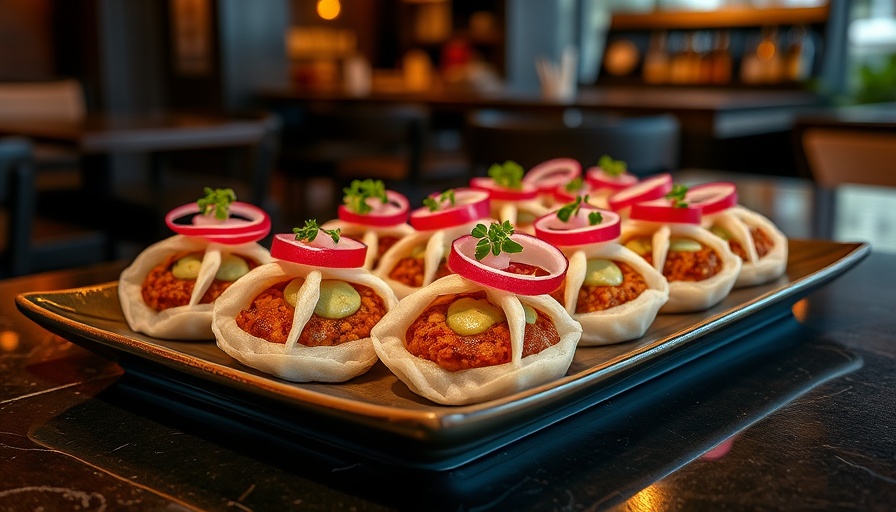 Latin dim sum elegantly arranged on a plate in a stylish setting.