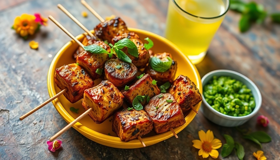 Brazilian-style tempeh churrasco with vibrant greens and lemon drink.