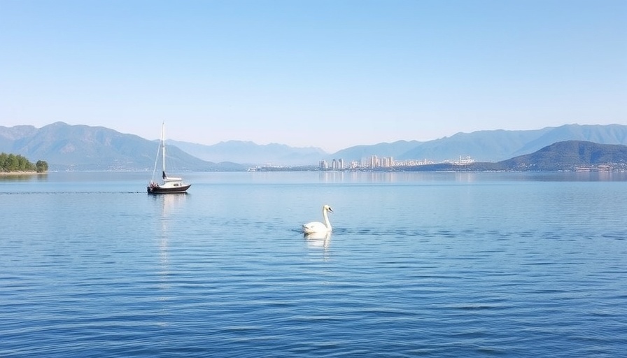 Tranquil lake scene with city and mountains near Denver.