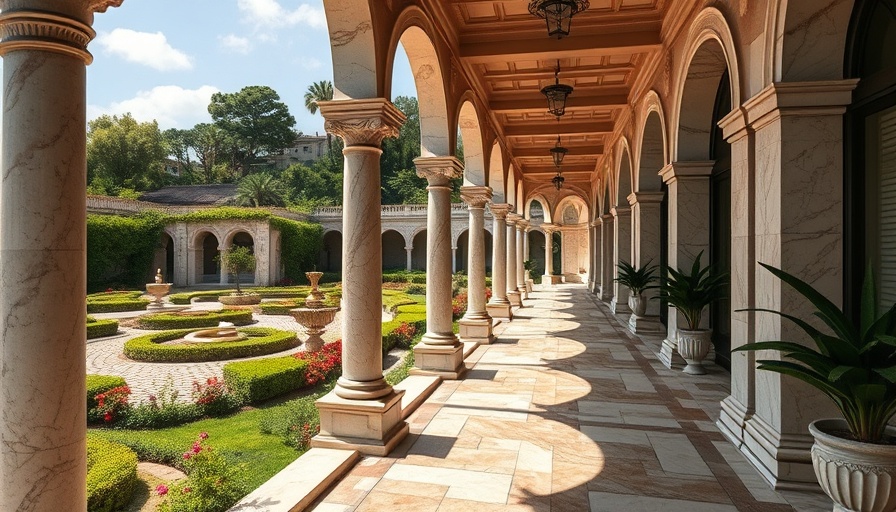 Elegant colonnade of Ringling Estate, showcasing architectural improvements.