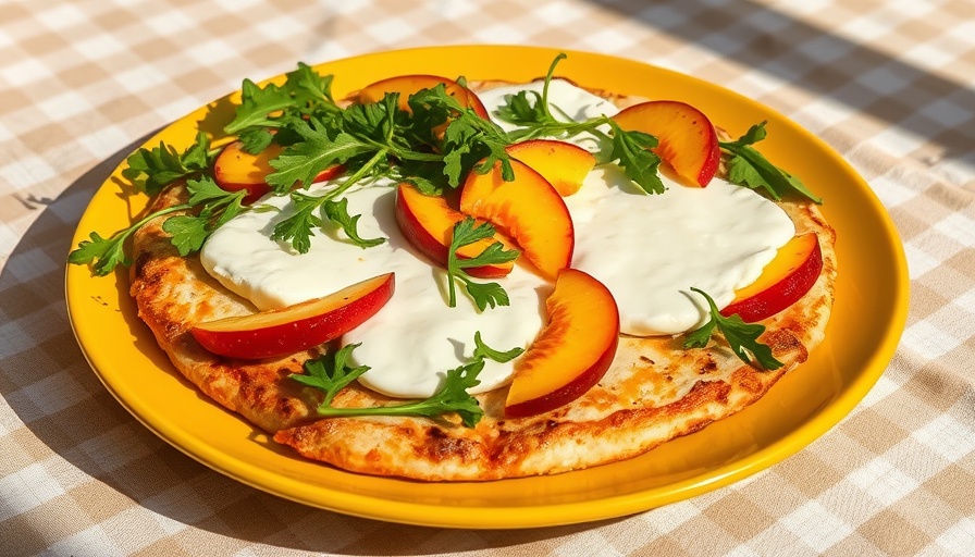 Delicious burrata flatbread recipe with arugula and peaches.