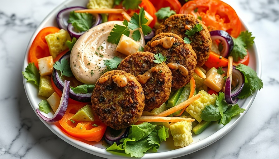 Grilled Falafel Salad with Tahini Barbecue Sauce on marble surface.