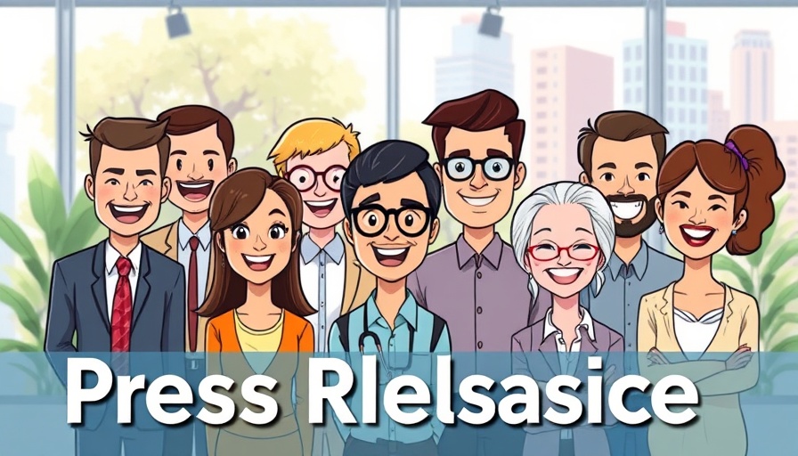 Press release distribution service promotion featuring diverse animated characters.