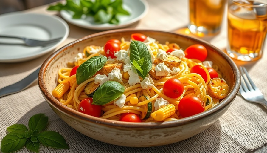 Vibrant summer pasta salad with fresh vegetables and feta cheese.