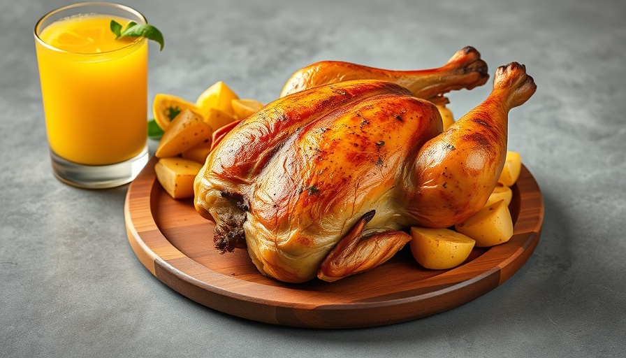 Harissa Smothered Chicken Recipe with herb potatoes and orange juice.