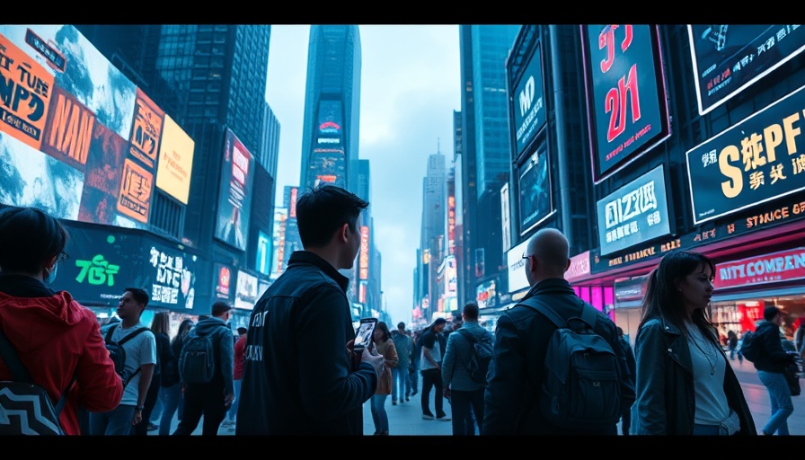 Futuristic city with people using digital interfaces, DAFT Visa Revolution.