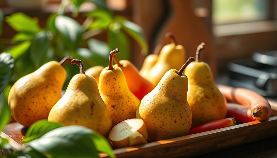 Fresh pears and vegetables on a sunlit tray, lead an anti-inflammatory lifestyle.