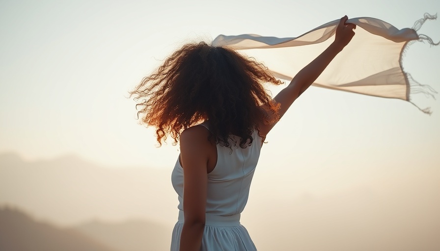 Young woman with a white scarf, freedom outdoors with mountains.