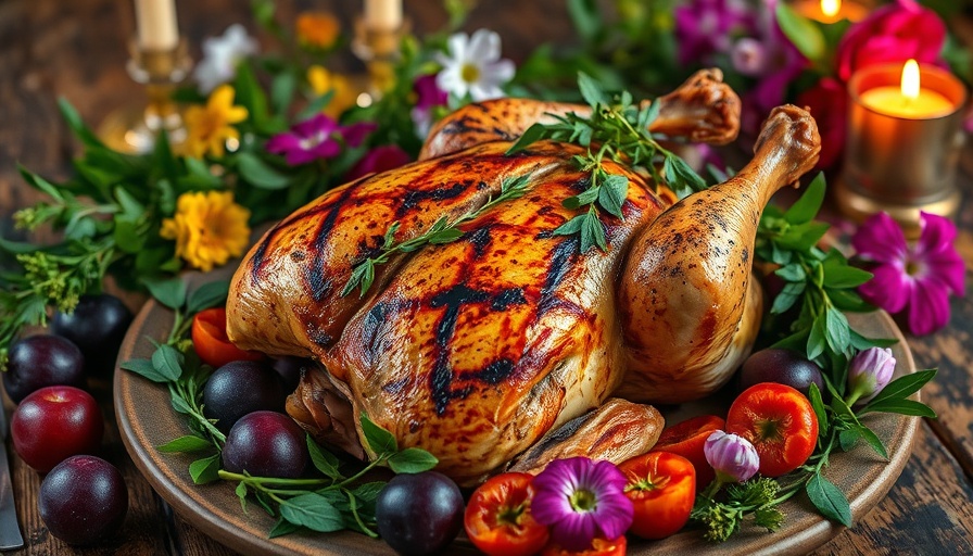 Grilled spatchcocked chicken with summer herbs, vibrant display.