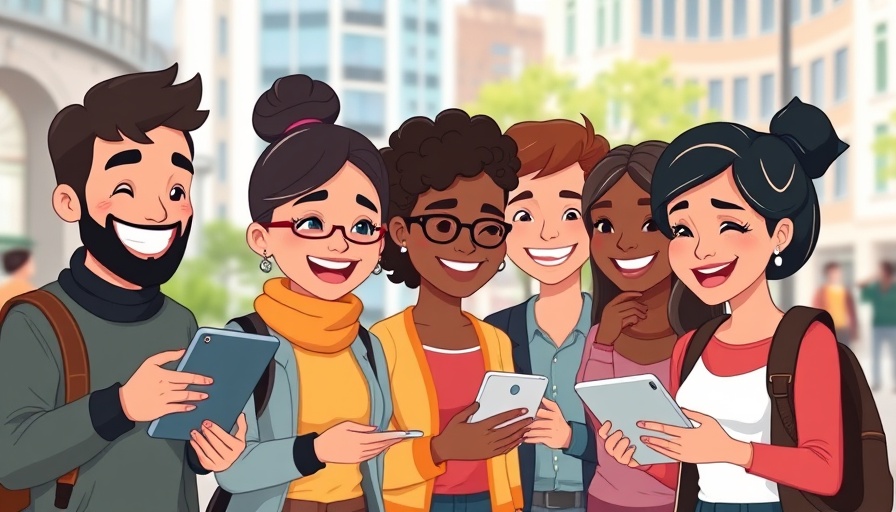 Cartoon group collaborating digitally, share your news effectively.