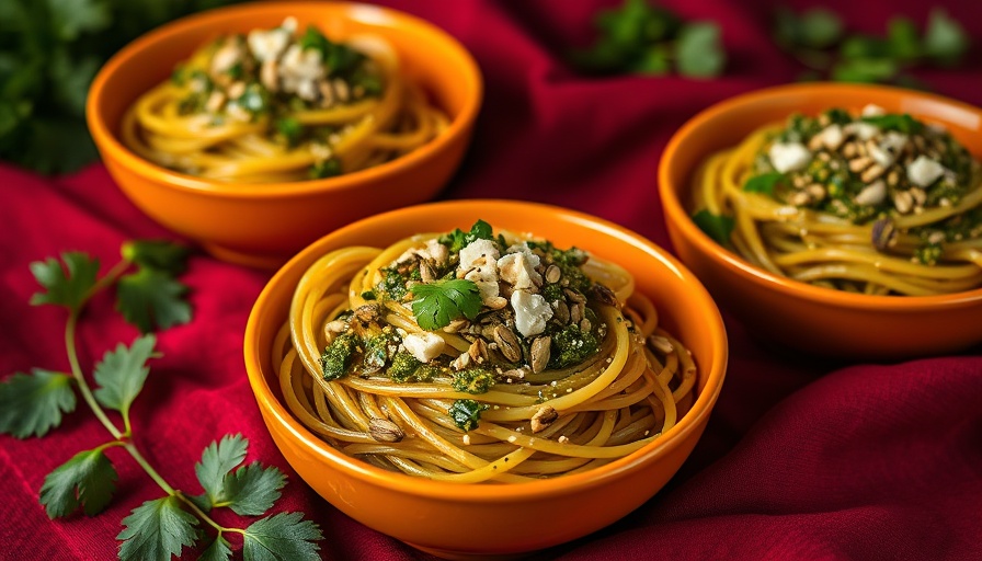 Cilantro pesto pasta in vibrant bowls on red tablecloth.
