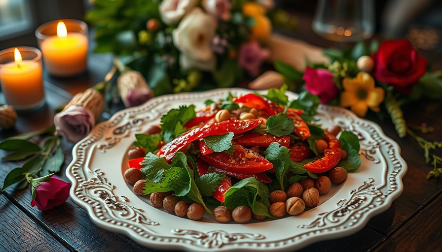 Roasted red pepper salad with hazelnuts on ornate plate, surrounded by flowers.