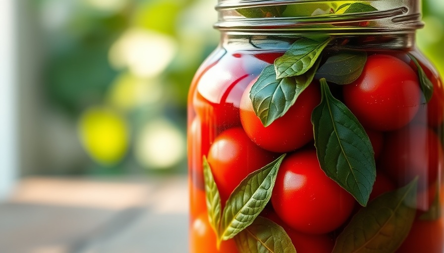 Vibrant tomatoes with leaves in a glass jar for Tomato Cheong Recipe.