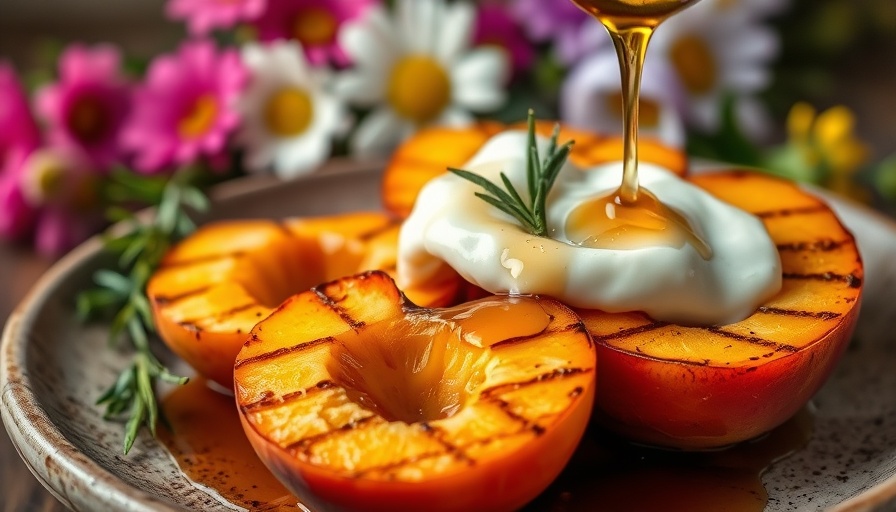 Grilled Peaches with Rosemary Hot Honey on plate.