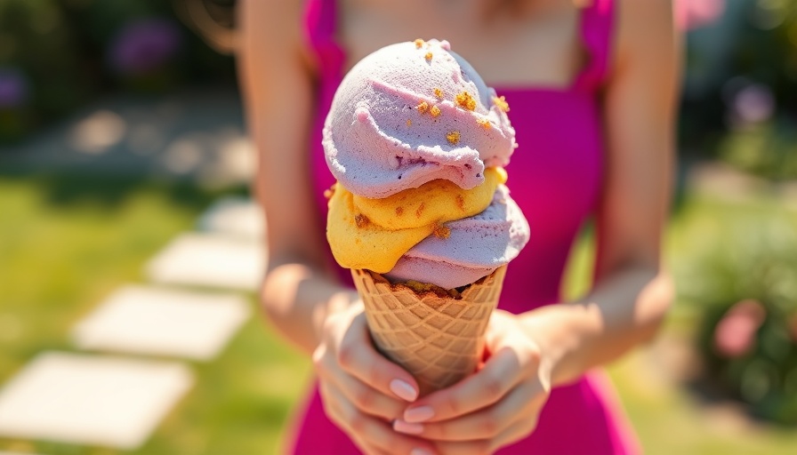 Lavender, Honey, and Bee Pollen Ice Cream cone held in hand.