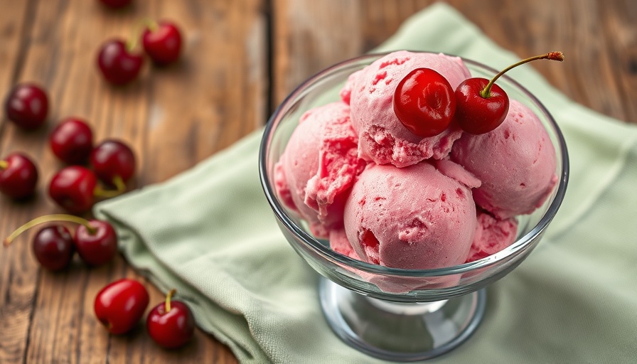 No-Churn Cherry and Star Anise Cottage Cheese Ice Cream in glass dish with cherries.