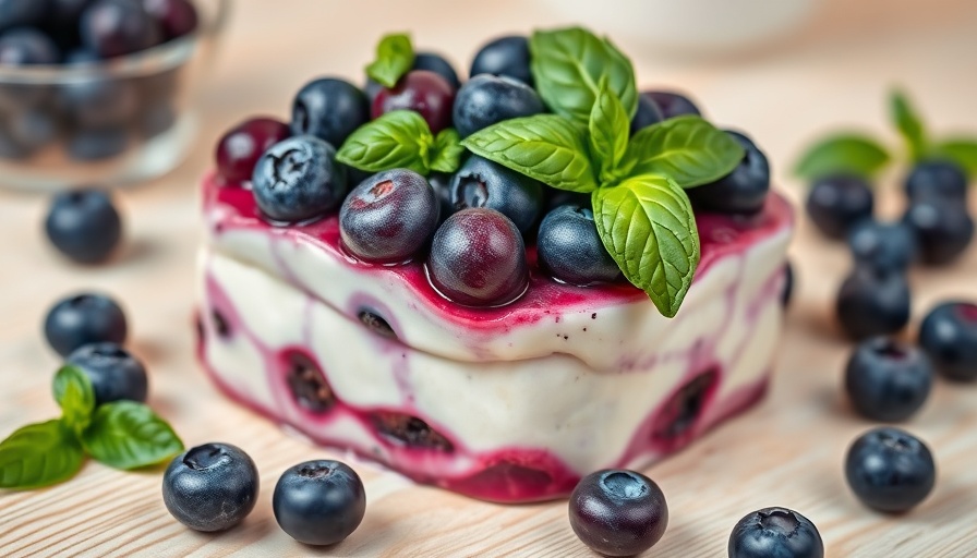 Vibrant blueberry basil yogurt semifreddo recipe with fresh basil garnish.