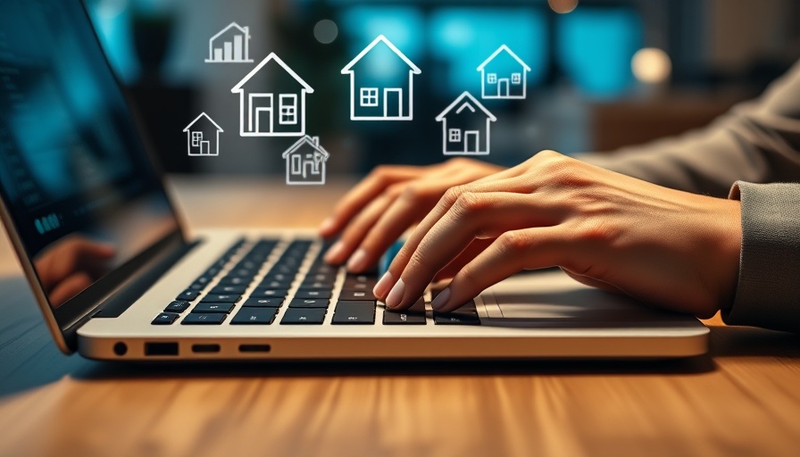 Hands typing on laptop with digital real estate icons, Northern Colorado real estate transactions.