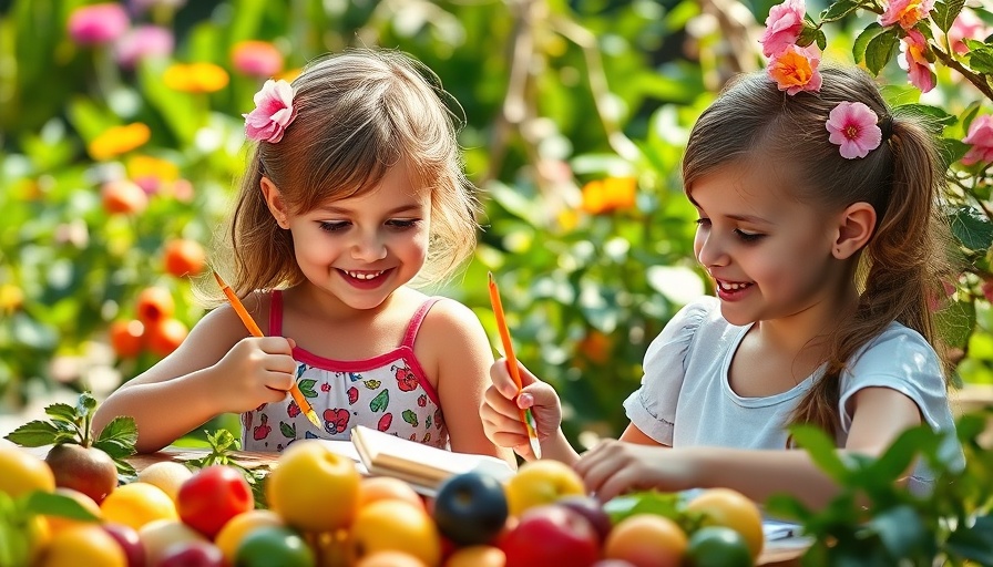 Young girls painting with summer superfoods around them in a garden.
