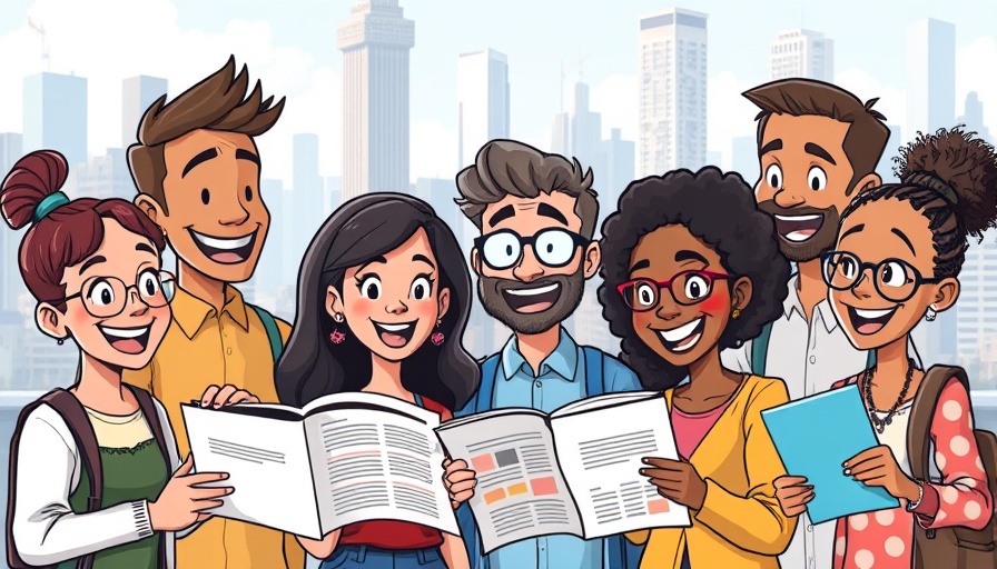 Cartoon of diverse group sharing news, community news sharing.