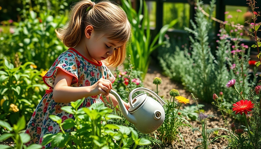 Young girl watering plants in a garden, children's herbal remedies.