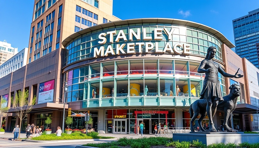 Stanley Marketplace food hall in Denver features a modern design and vibrant sculpture.
