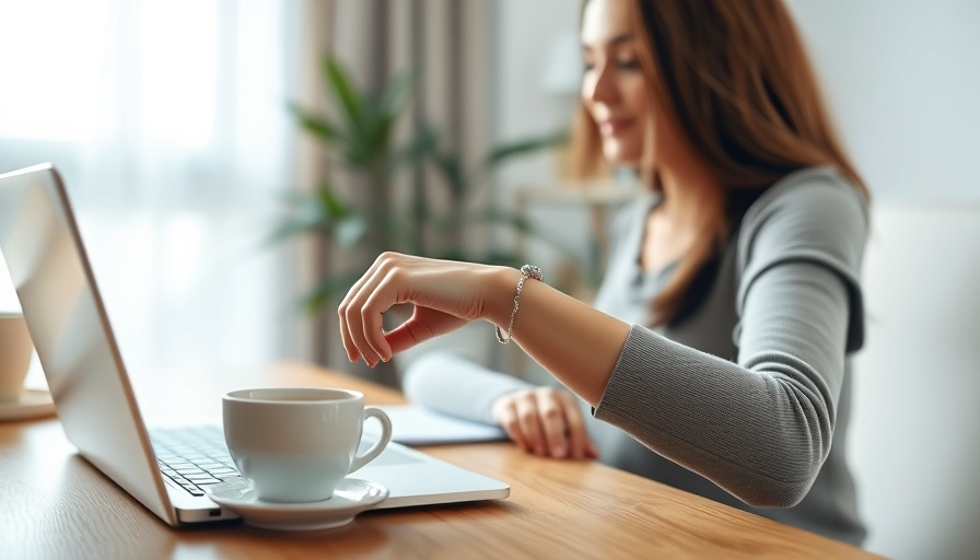 Exercises for carpal tunnel syndrome, woman holding wrist in home office.