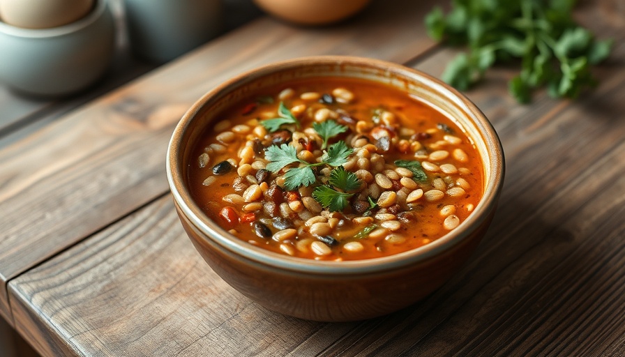 Healthy Lentil Farro Minestrone Recipe in a rustic bowl on a wooden table.