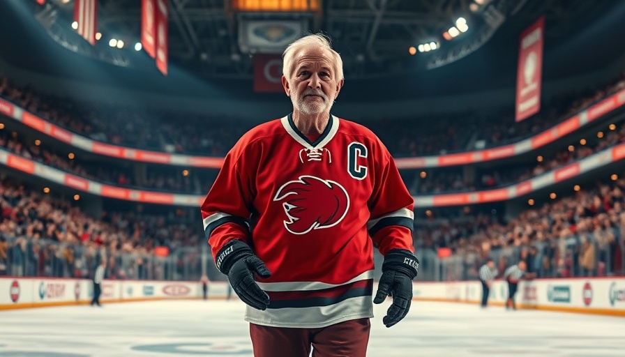 Elderly man in vintage hockey jersey on ice with cheering crowd.