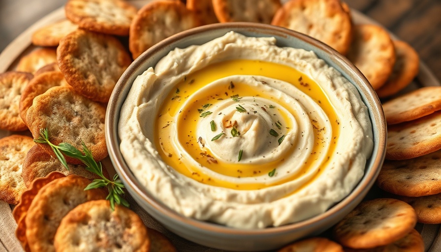 Roasted Garlic and Sweet Potato Hummus served with crackers.