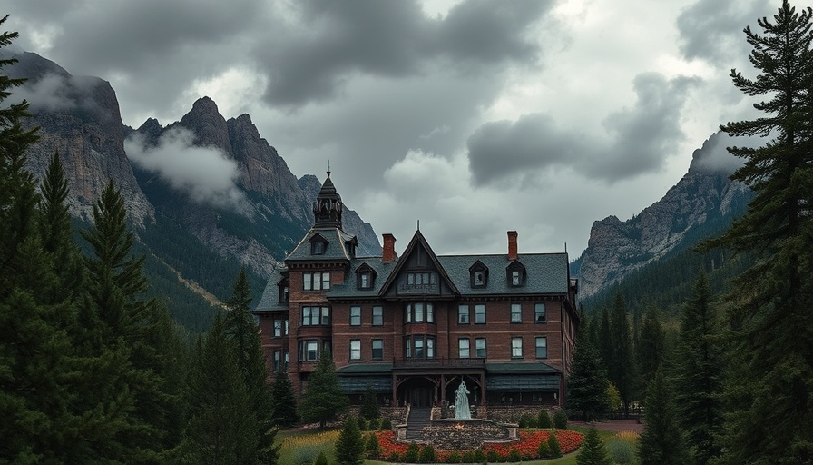 Historic haunted hotel in Colorado with mountain backdrop