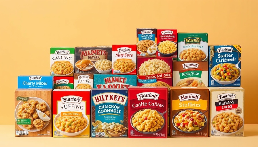 Assorted boxed stuffing mixes displayed on a warm background.