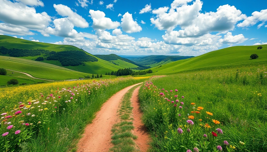 Sunny landscape with wildflowers in Colorado, dirt path.