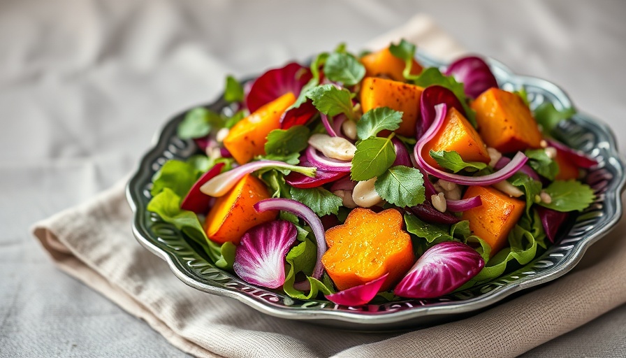 Vibrant radicchio salad with roasted squash on metal plate