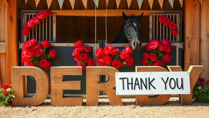 Rustic sign 'DERBY' at local Kentucky Derby events with festive decor and horses.