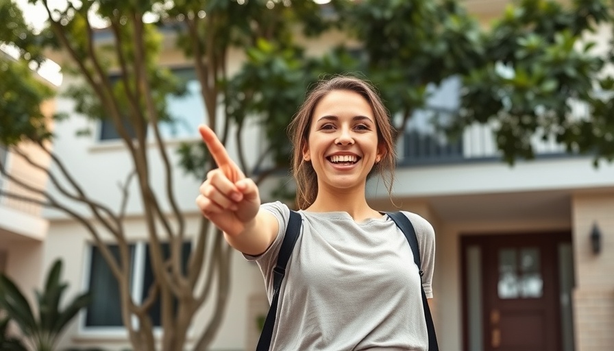 Cheerful woman pointing at real estate, Overlooked Real Estate Investments in 2025.