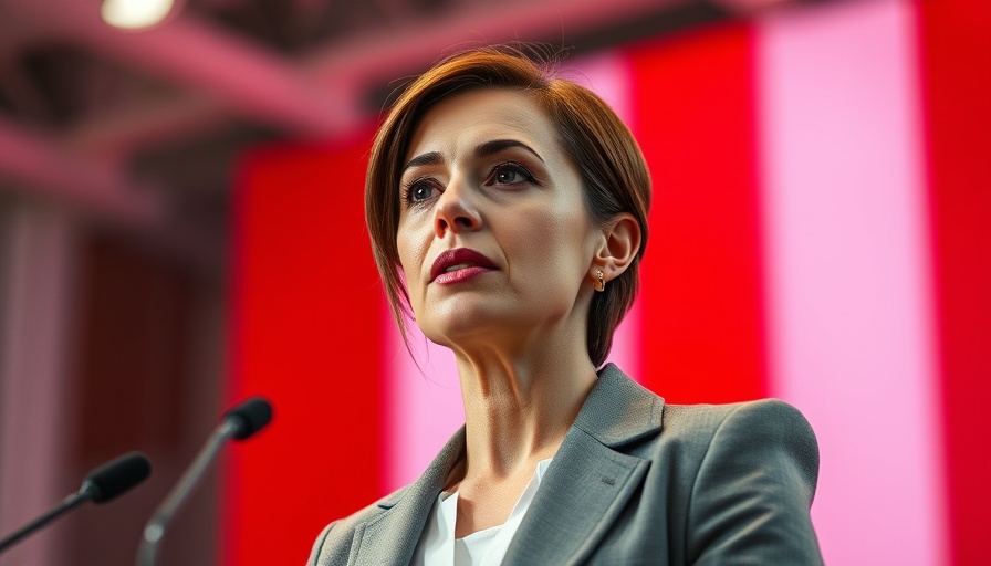 Focused female speaker discussing tax rise and planning reforms at a podium.
